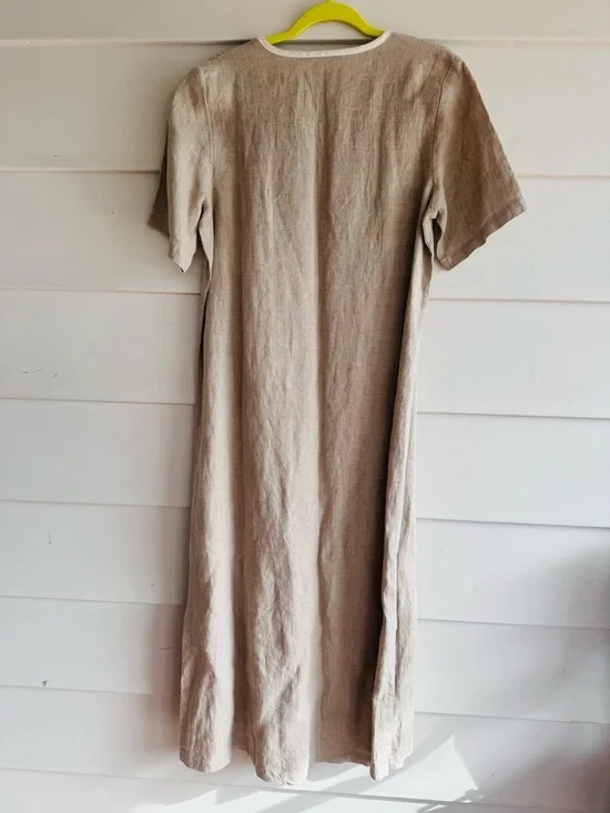 D Blue Vintage 100% Linen Ink Stamped Maxi Dress M - Picture 2 of 7